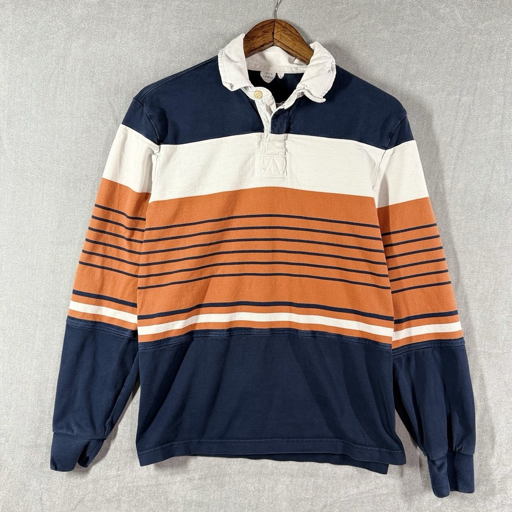 John Lewis Rugby Shirt Mens Large Navy Orange Striped Long Sleeve‎ Polo